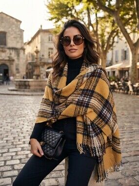 Cozy Mustard Plaid Open-Front Women's Shawl/Scarf